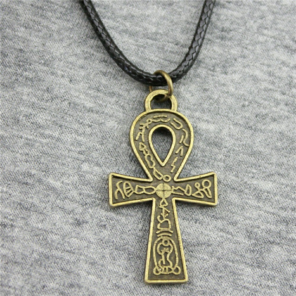 2 Colors Antique Bronze Silver Plated Plated 38x21mm Ankh Cross Pendant Necklace Leather Chain Necklace