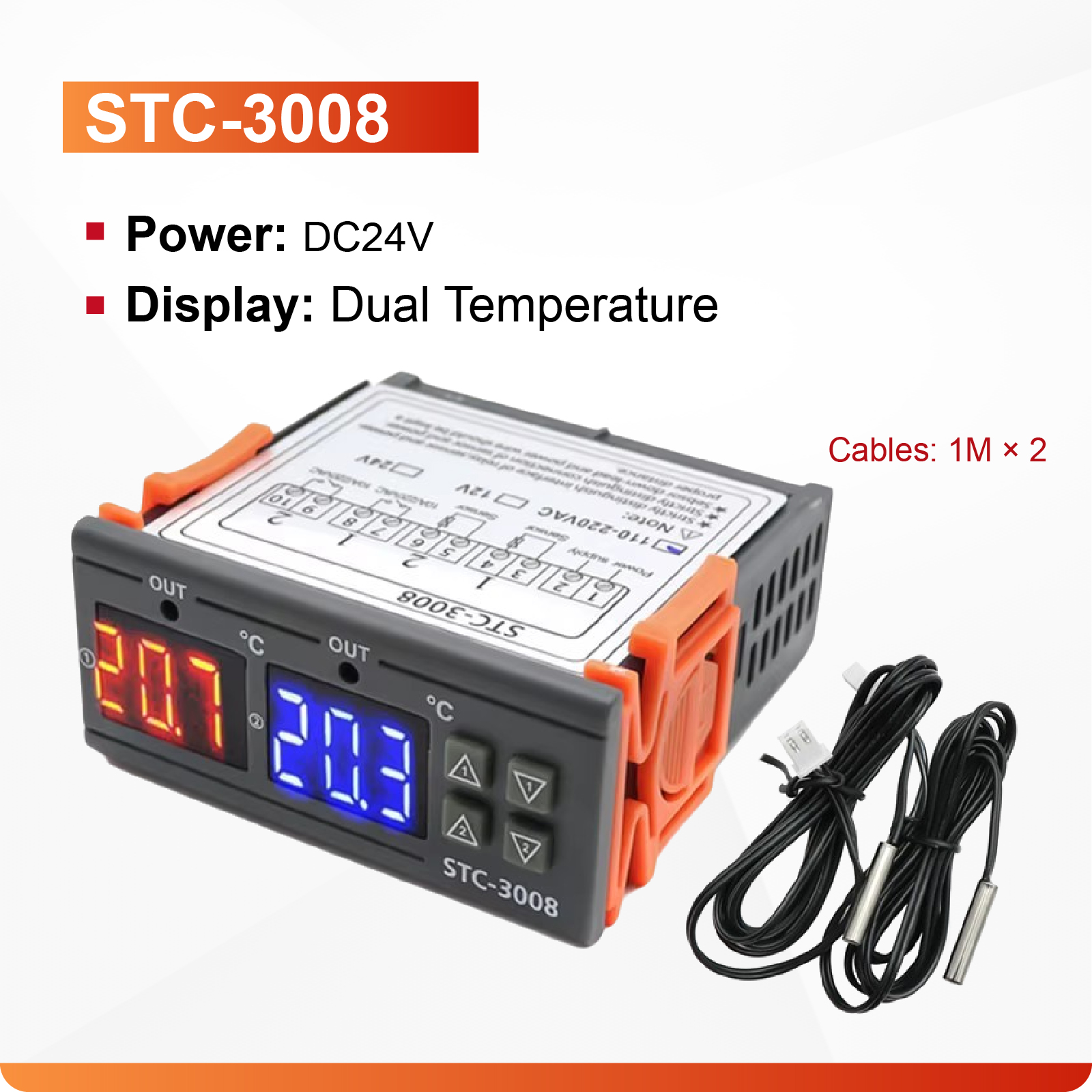 STC-3008/3028 Digital Thermostat Controller Dual Display Dual Relay 12V/24V/220V Temperature Humidity Controller Switch: black