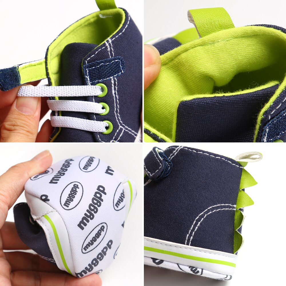 Focusnorm 0-18m spädbarn baby pojke höstskor high top sneakers mjuk sula anti-halk krokögla dinosaurie toddler canvas skor