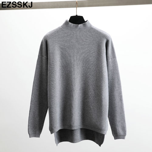 Pull ample femmes pull décontracté col roulé à manches longues chic surdimensionné tricot pull femme pulls fendu côté haut: Gris