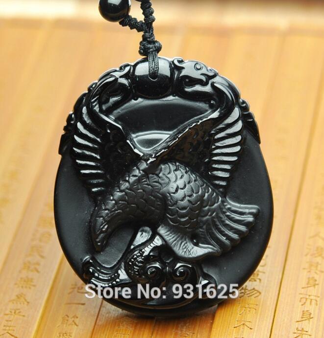 100% natürliche Schwarz Obsidian Geschnitzte Flying Eagle Glück Totem Anhänger + Kostenloser Perlen Halskette Schmuck für frau mann