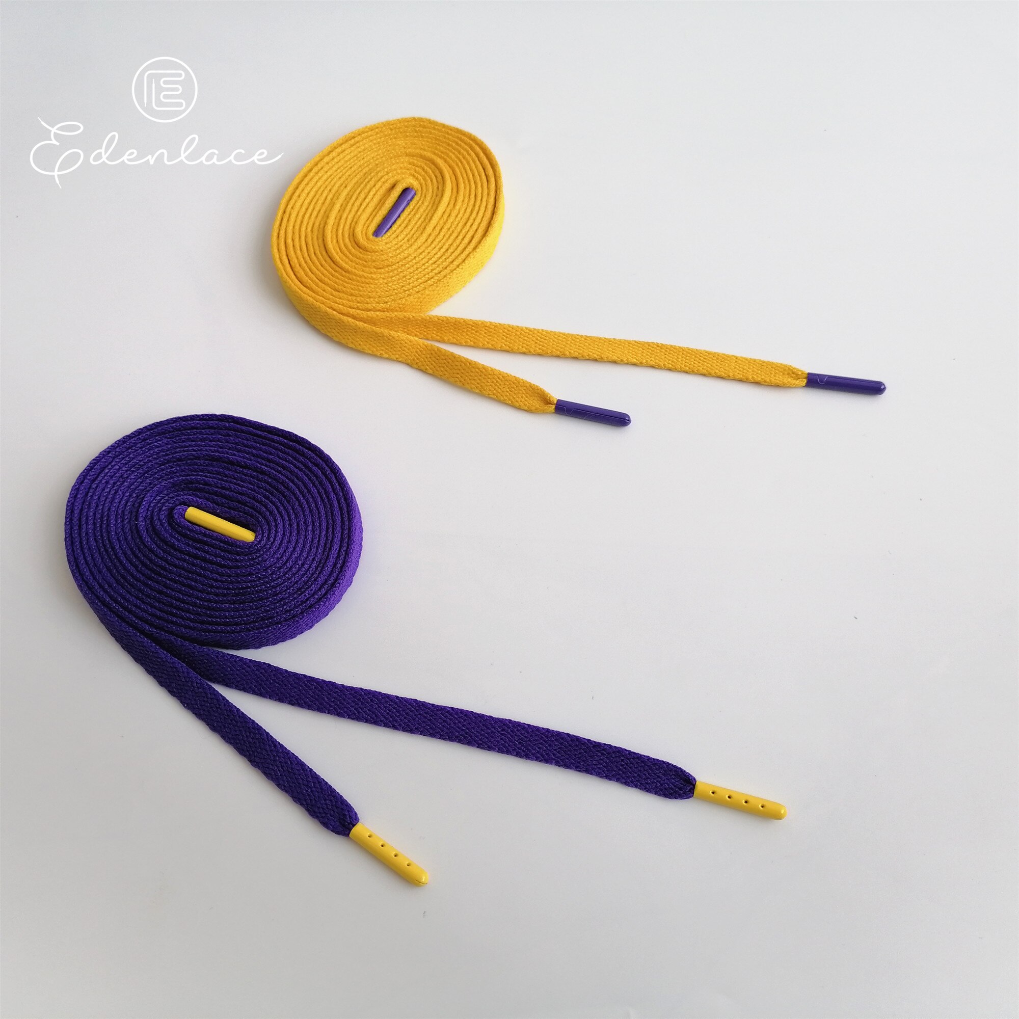 Algodón plano púrpura cordón amarillo herretes de Metal amarillo y los cordones de los zapatos con púrpura puntas de Metal para zapatillas de Bootlace