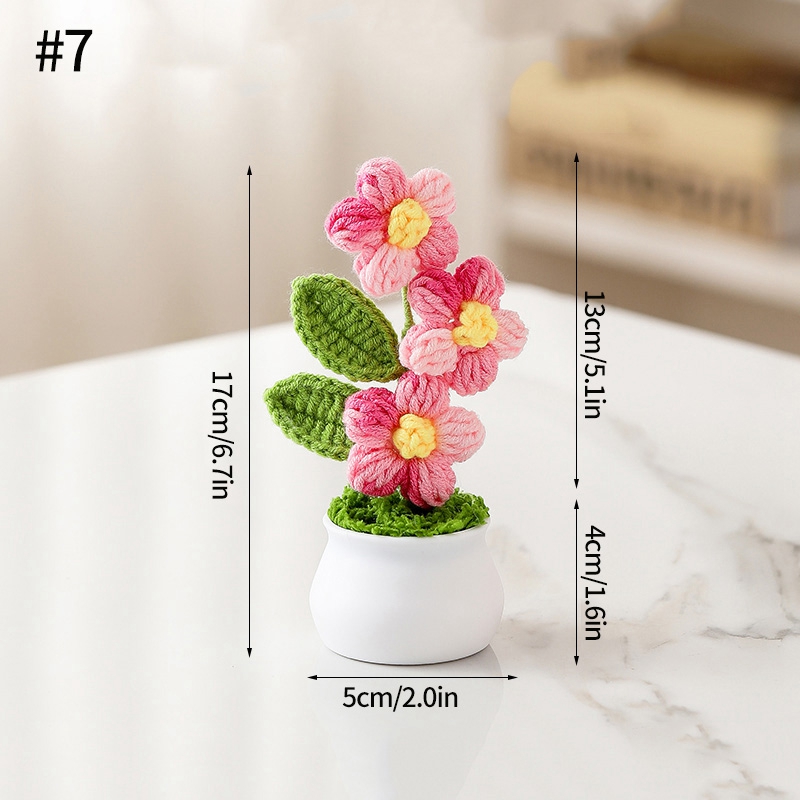 Plantas en macetas pequeñas de ganchillo hechas a mano, bonita flor de simulación, decoración Interior de escritorio para oficina y coche, de flores artificiales: Plata