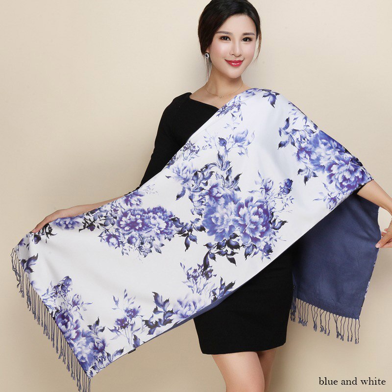 hiver Double côtés cachemire écharpe femmes long Pashmina Tippet femelle châles et Wrap Foulard femme floral foulards en soie: 13