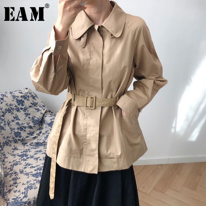 [eam] losse pasvorm kaki bandage split joint temperament jas revers lange mouw damesjas lente herfst 1 648