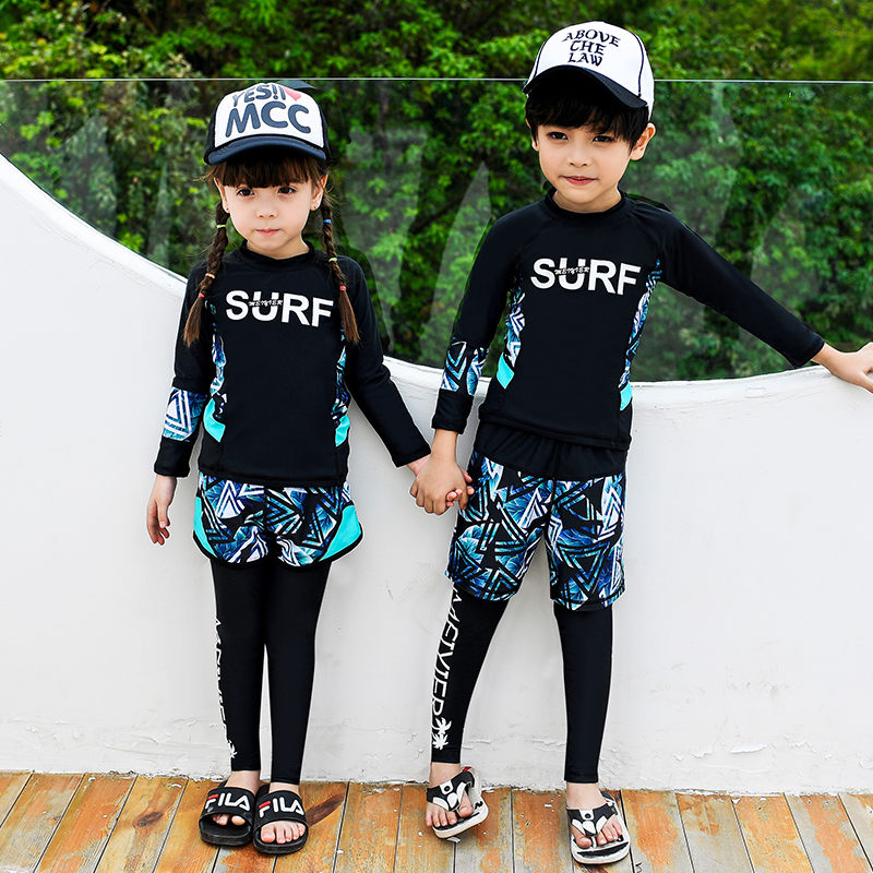 Long Sleeve Swimming Suit For Kids UPF 50+ Boys Girl Beach Sport Patchwork Bathing Sets Sun Protective Wetsuit Sport Clothes