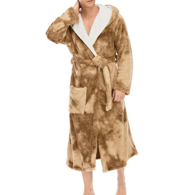 Winter Warm Flannel Bathrobe Men Knee-Length Bath Robe Soft Thick Tie-dye Print Plush Hooded Robes Male Dressing Gown Sleepwear: camel / L