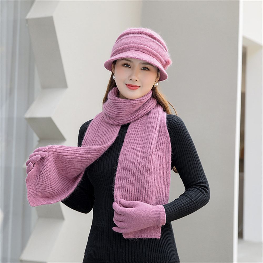 2/3pcs/Set Ladies Warm Thick Women Hat Scarf Set Knitted Beanies Caps Winter Hats Knitted Gloves Winter Hats: pink-3pcs