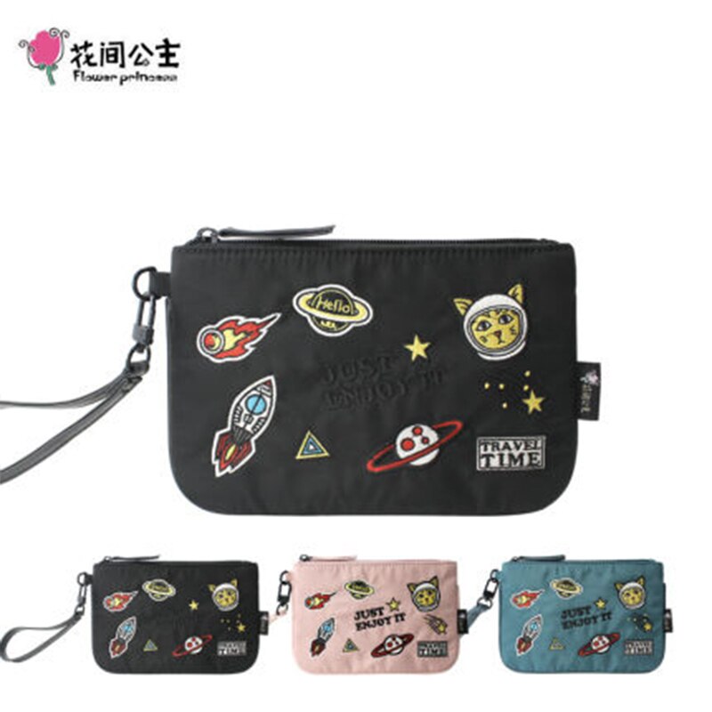 Flower Princess Animal Print Women Wallets Embroidery Nylon Vintage Handy Wrist Bag Zipper Teenager Girl Coin Female Handbags: BLACK