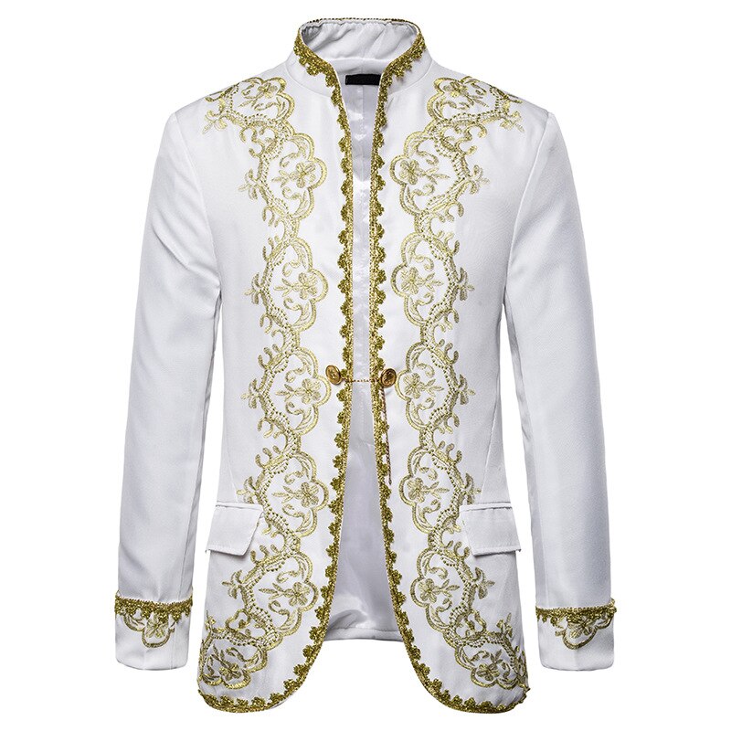 Men Red Blazer Gold Embroidery Baroque Mens Blazer Luxury Dress Blazers Men Performance Stage Palace Costume Men Blazer Hombre: white / European XL