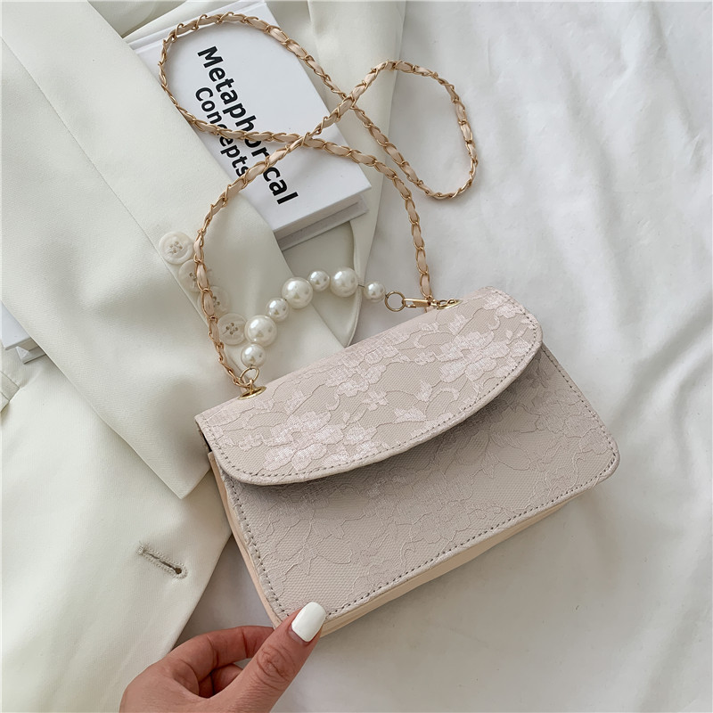 Sac à bandoulière en dentelle perlée pour femmes, sacoche à main de styliste à la , nouvelle tendance 2022 en cuir PU avec chaîne Simple: Apricot