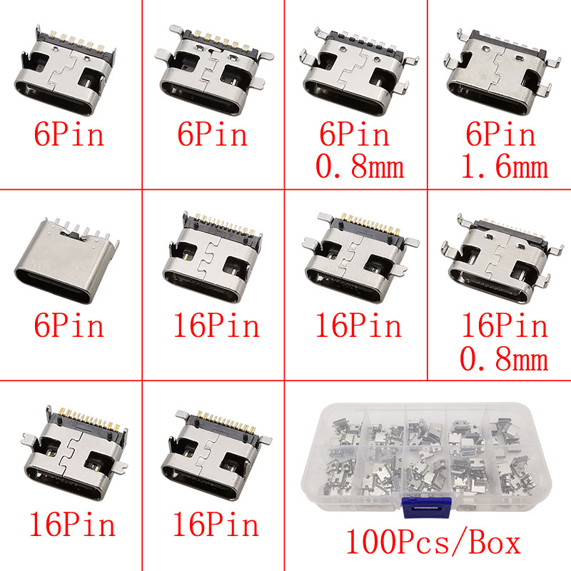 Puerto de carga hembra USB tipo C, conector tipo C de 2/6/16 pines, enchufe SMD PCB, soldadura DIY, reparación, adaptador de conector USB-C tipo C, 1 caja