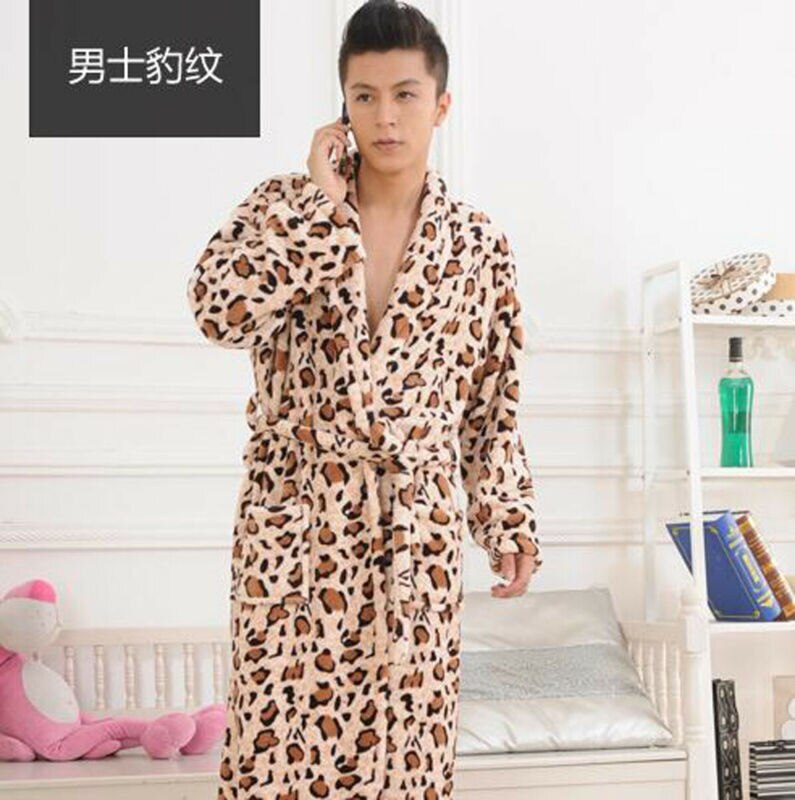 Luxury Thick Soft Warm Flannel Long Bathrobe with Belted Unisex Autumn Winter Long Sleeve Print Pajama with Pocket