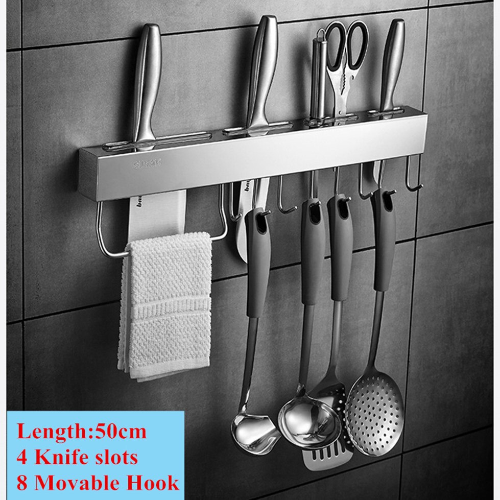 Rustfrit stål køkkenreoler til spisekammer alle knive hylde med krog skive suppe slev skæreblok holder køkken tilbehør: 50cm