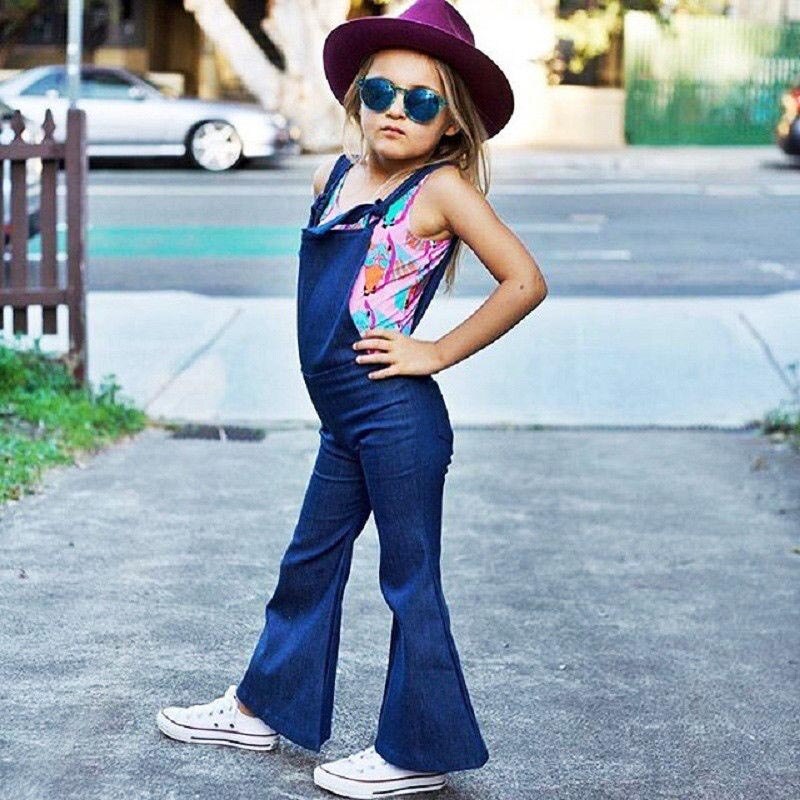 Bambini Tute E Salopette Denim Della Cinghia Del Pagliaccetto Casual Maglione Delle Ragazze Del Bambino Dei Pantaloni Della Tuta Outfit Abbigliamento Campana Pantaloni di Fondo Vestiti di Estate