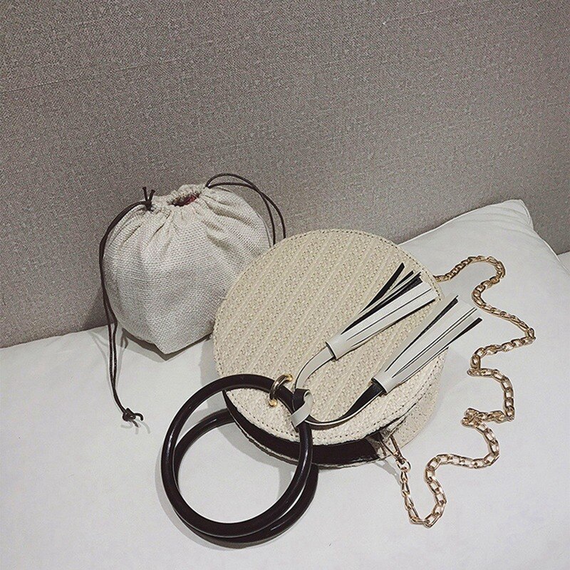 Sommer Handtasche Hand-woven Stroh Weibliche Runde Telefon tasche Tragbare Strand tasche Kette Schulter tasche