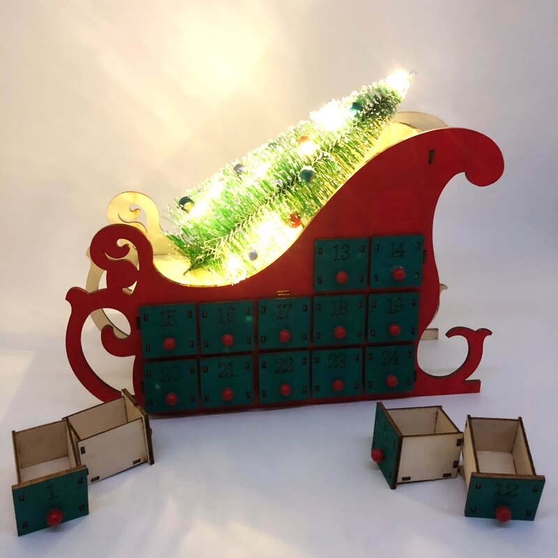 Christmas Sleigh Tree Wooden Advent Calendar Countdown LED Party Decor 24 Drawer