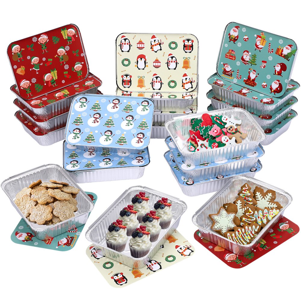 Hemoton 20Pcs Kerst Folie Pannen Met Deksels Wegwerp Voedsel Containers Rechthoekige Folie Pannen Met Covers Voor Bakken Koken Warmte: Default Title