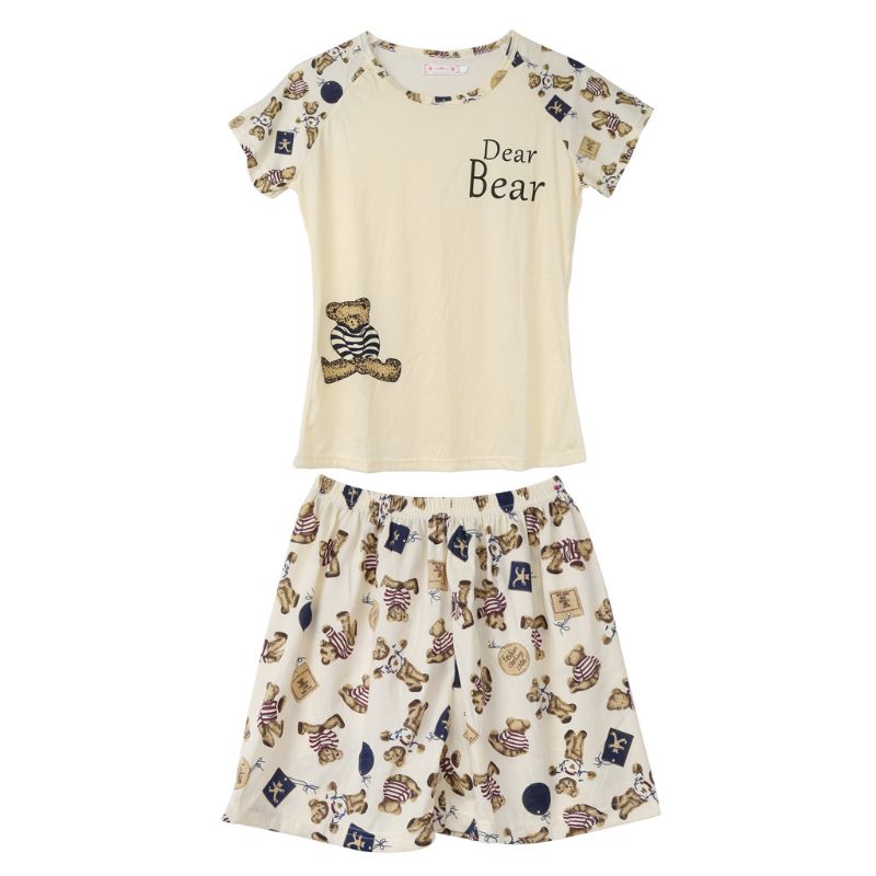 Women Cartoon Pajamas Short Sleeve Cotton Pyjamas Set Home Nightwear Sleepsuit L41D