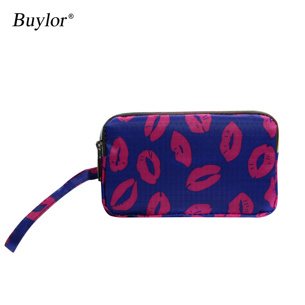 Buylor portfele dla kobiet torebka poliester etui na telefon Organizer na dokumenty karty dama Organizer moneta torebka 3 zamek kwiatowy kieszenie sprzęgło: kiss