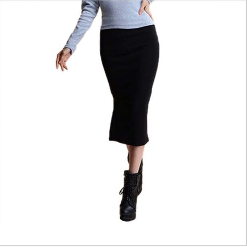 faldas de invierno Sexy Chic faldas lápiz lana Rib Knit falda con cintura elástica Paquete de división de cadera Midi falda Maxi Vintage: Black