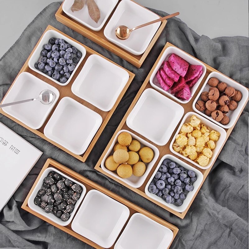 Keramische Bamboe Droog Fruit Dessert Lade Multi Grid Thuis Keuken Voedsel Plaat Snack Opbergvak Snoep Organizer Decor Portie Schotel