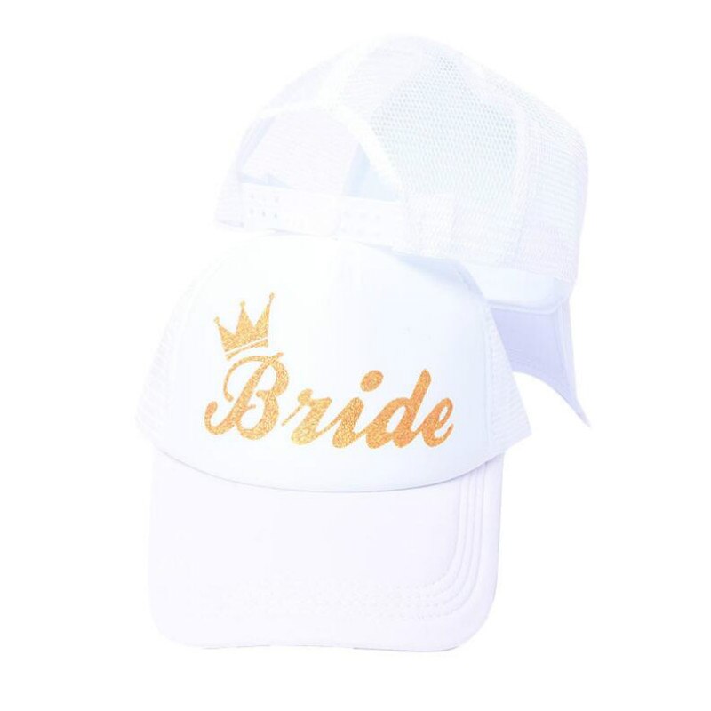 Bryllupsfest brud mesh snapback rosa lue cap wedding club gull brev trykt team brud baseball lue sommer trucker cap bein: Hvit