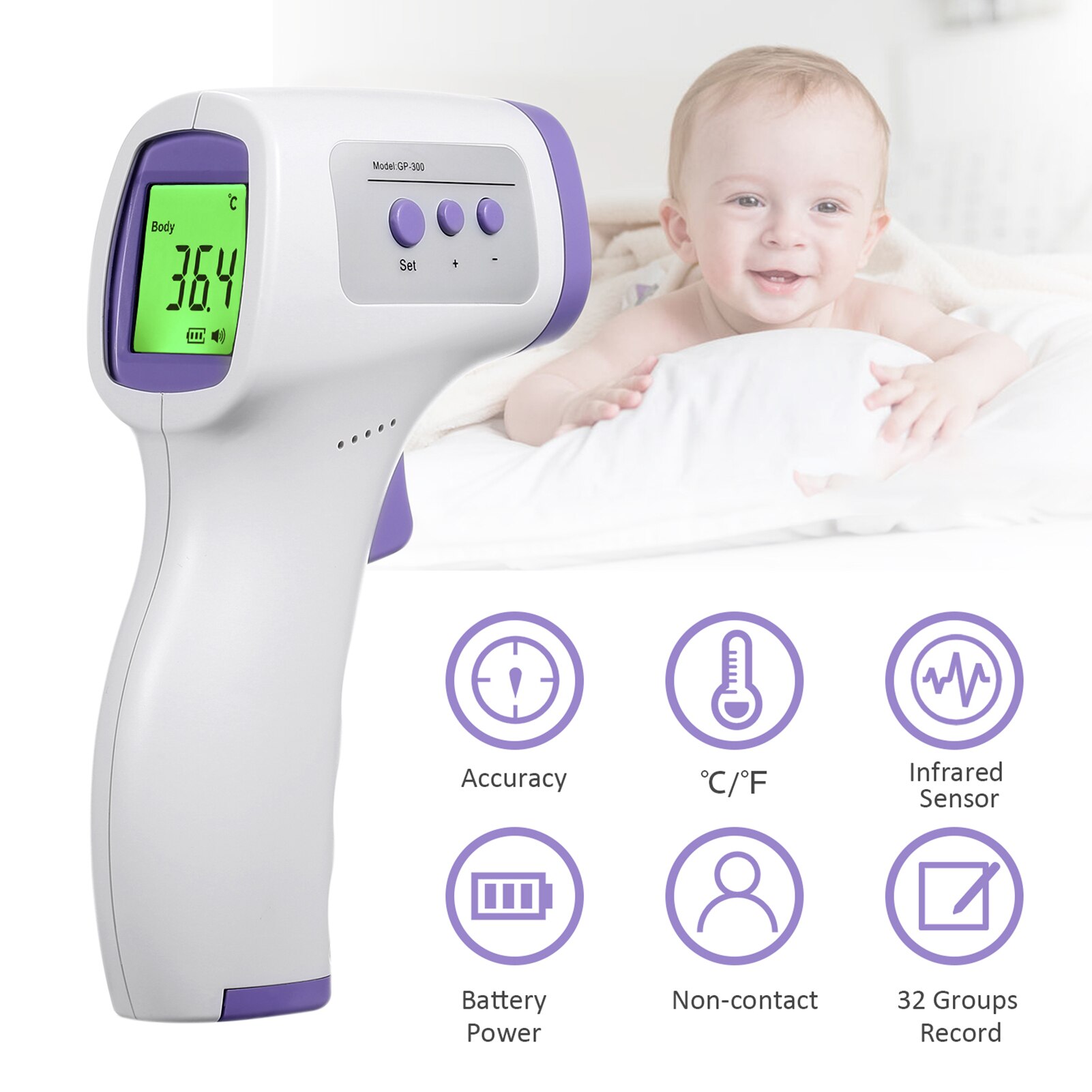 Non-contact IR Infrared Thermometer Forehead Body/ Object Thermometer Temperature Measurement LED DigitalDisplay for Baby Adults