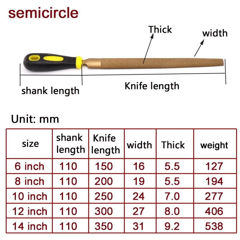 Limas de diamante Braze de 6 a 14 pulgadas, Lima de Metal plana/semicircular para objetos superduros, herramientas de mano para tallado de carpintería