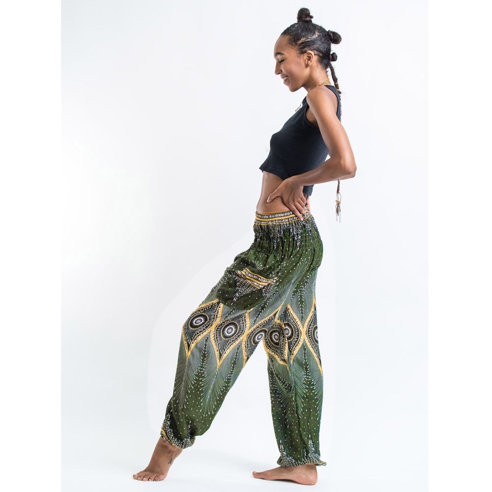 Kvinder afslappede løse yoga bukser bukser indisk flerfarvet baggy boho aladdin jumpsuit harem bukser sømløse leggings harem bukser: Grøn