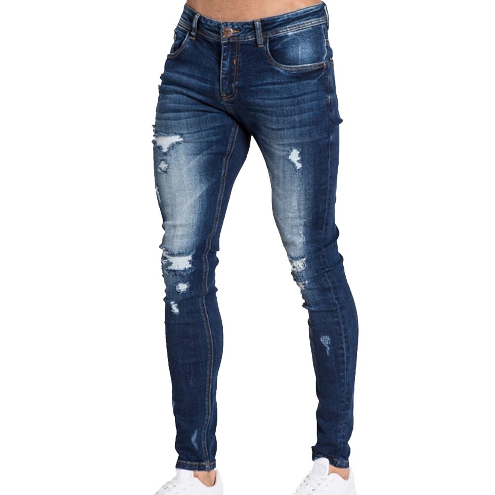 Slitna jens byxor tvättade denim skinny jeansbyxor hip streetwear slim fit stretch biker jeans pencil jeansbyxor: Mörkblå / S