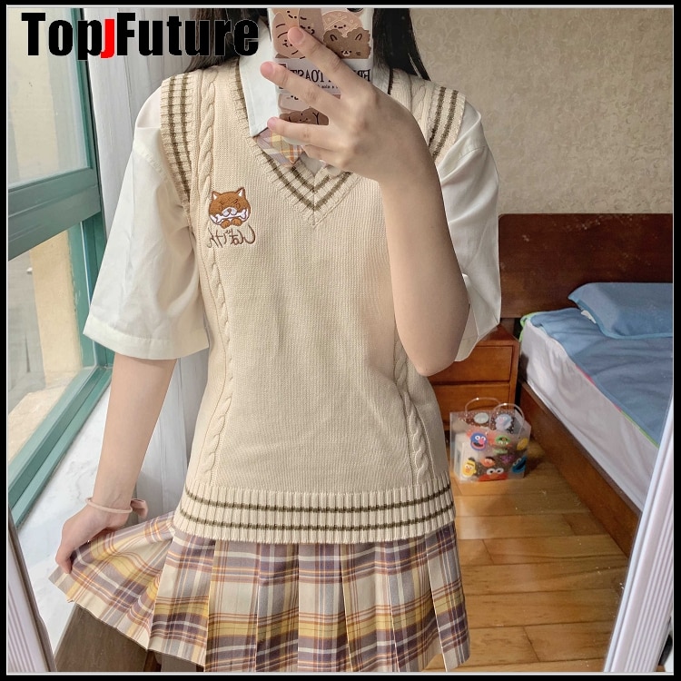 Shiba inu japansk jentestrikket vestversatile genser skoleuniform cardigans jk uniform beige naken hund broderigenser