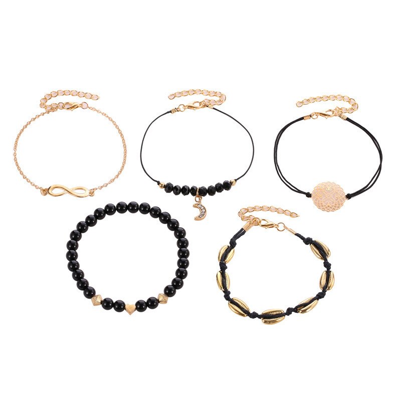 5 teile/satz Böhmen Hülse Mond Charme Armbinde einstellen Für Frauen Herz Geometrische Schwarz Perlen Kette Armreif Mädchen Schmuck