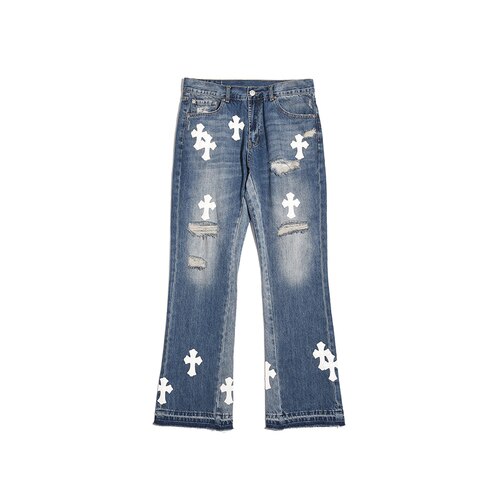 Pantalones vaqueros rasgados para hombre y mujer, ropa urbana de retales de cuero PU con costuras cruzadas, Micro acampanados, estilo Hip Hop: Navy Blue / Asian 34