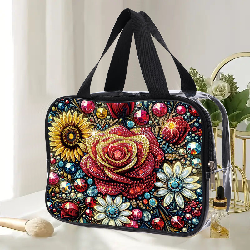 Bolsas de mano con pintura de diamantes y flores DIY para mujer, bolsas de cosméticos de PVC para viaje, bolso transparente para de uso diario, 1 ud.: Rojo