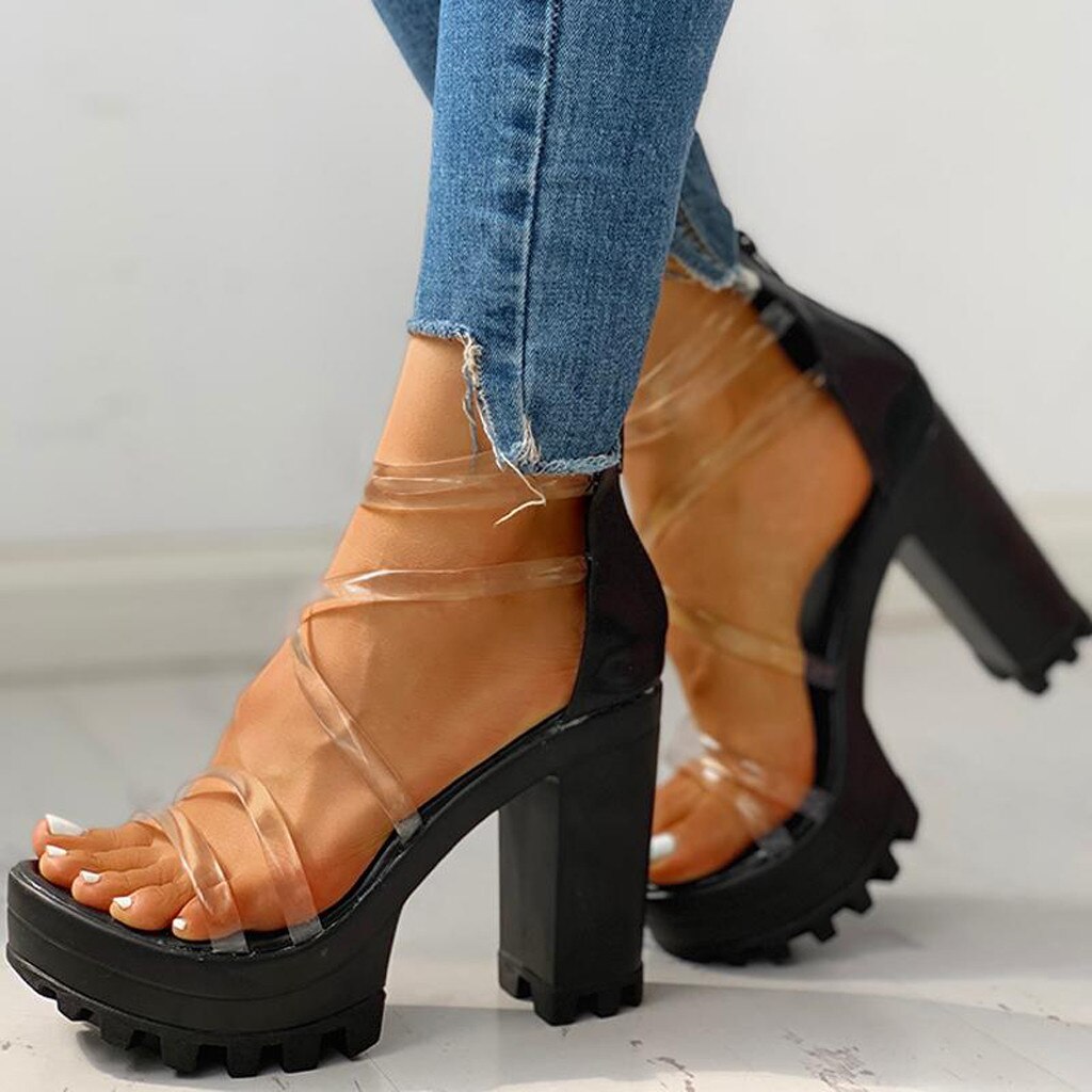 Sandaler dam chunky klackar med dragkedja vattentät plattform höga klackar skor sandaler svart orange fyrkantig klack