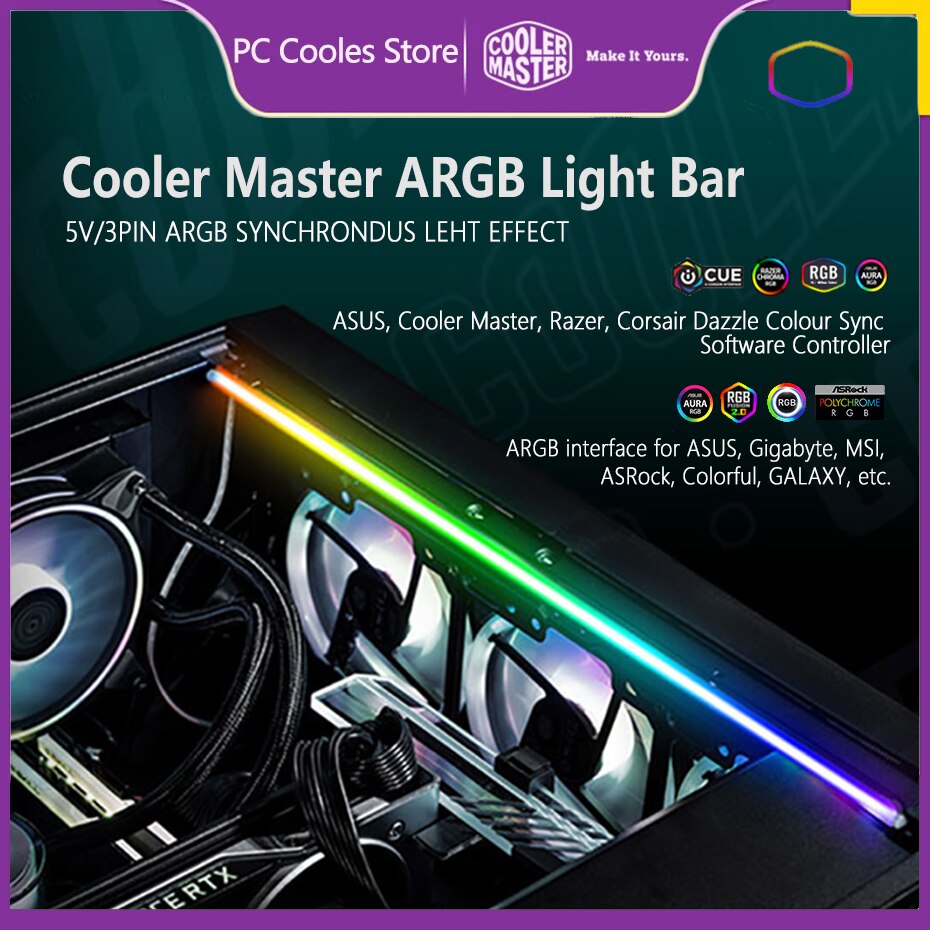 Cooler Master ARGB Light Bar 5V/3PIN Addressable RGB LED PC Computer Case Light Bar Support ASUS, MSI, Gigabyte, and ASRock