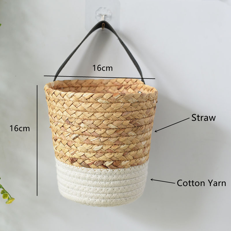 Woven Hanging Basket For Planters Rattan Wicker Baskets Garden Wall Decoration Wall-mounted Basket Storage Rack: Straw White16cm