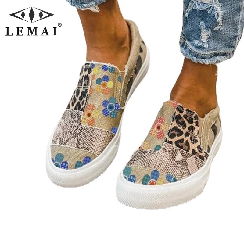 LEMAI Plus Size 35-43 Floral Women Canvas Shoes Outdoor Sports Casual Shoes Splicing Breathable Flat Running Shoes