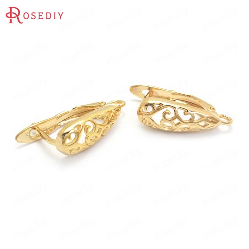 (37204)6 uds. De latón dorado con patrón de 17MM y 24K rizado en forma de gota, pines de pendientes, aretes, corchetes, fabricación de joyas, suministros