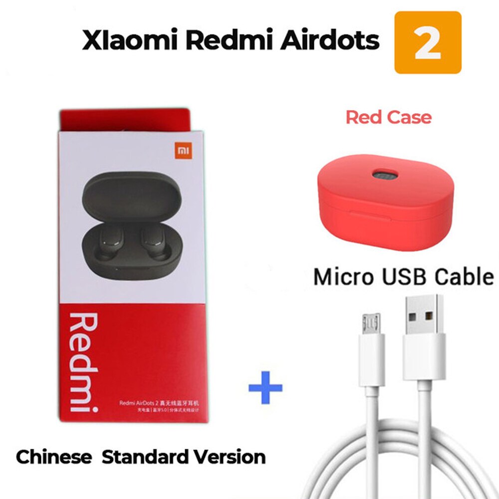 Originale Xiaomi Redmi AirDots 2 Auricolari Bluetooth TWS Senza Fili di Bluetooth V5.0 Stereo Riduzione Del Rumore Mic di Controllo Vocale Auricolare: add red case USB