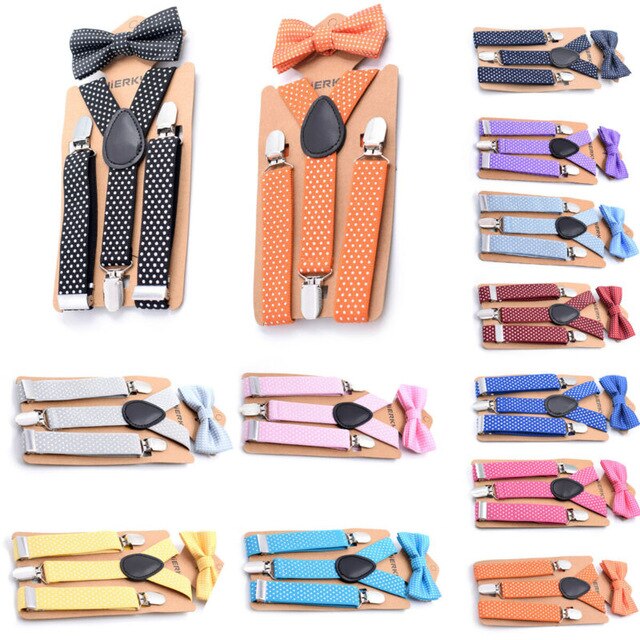 Toddler Kids Girl Boy Polka Dot Suspender Clip with Bow Tie Set Adjustable Suspender Bowtie Set