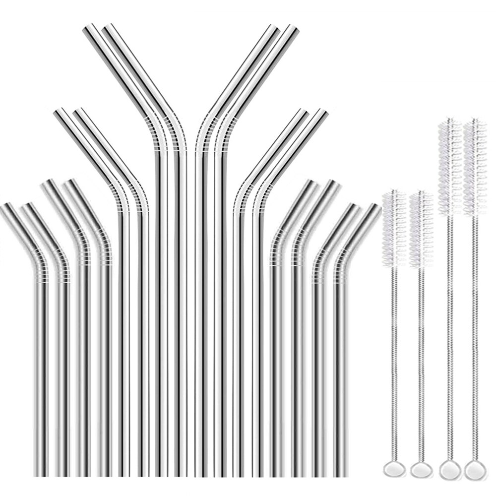 Pajitas reutilizables de acero inoxidable para beber, juego de pajitas largas y cortas de Metal con 4 cepillos para Bar, , artículos para beber para niños, 4 tamaños: 16Pcs Bent