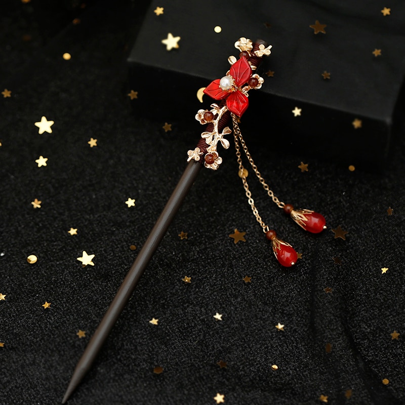 Bruid Klassieke Hanfu Cheongsam Kanzashi Haarspeld Rode Bloem Kwastje Haar Stok Oudheid Super Fee Haarspeld Haar Clip Cosplay