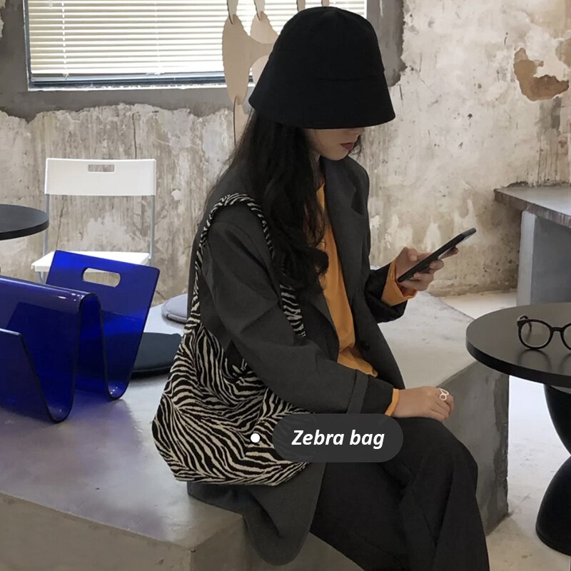 Bolso de lona informal Ulzzang de cebra para mujer, bolsa de hombro estilo Harajuku, punk, chic, de gran capacidad