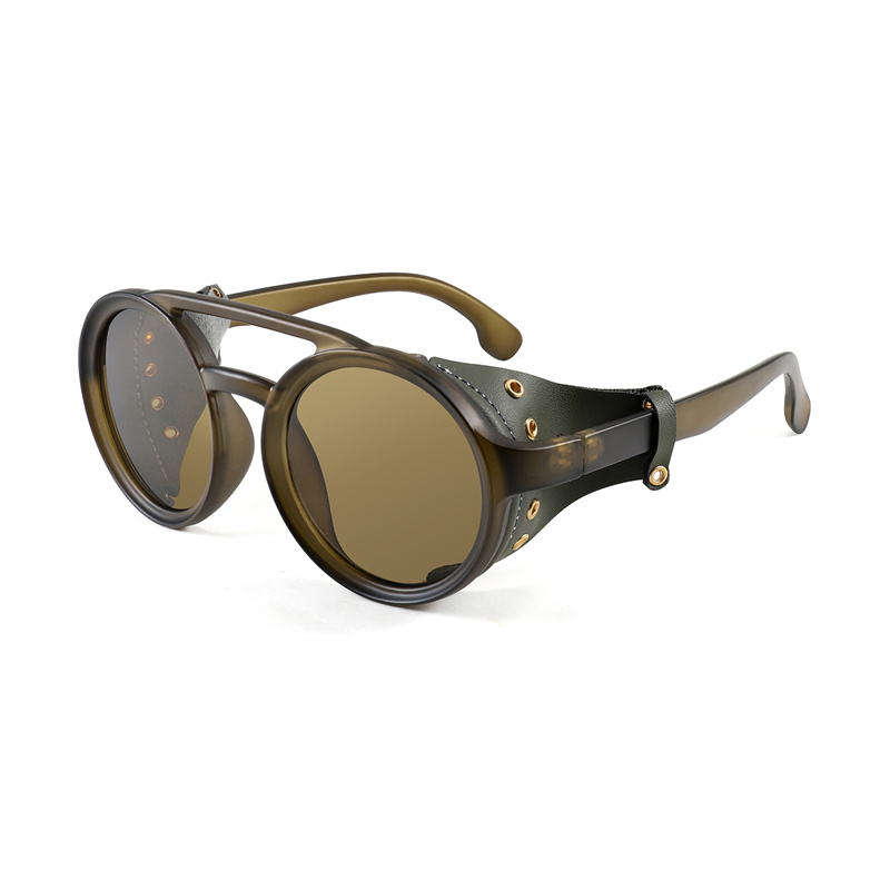 Cool&Ku Retro Round Steampunk Sunglasses Women Men Vintage Eyewear Light Plastic Frame with Leatherwear