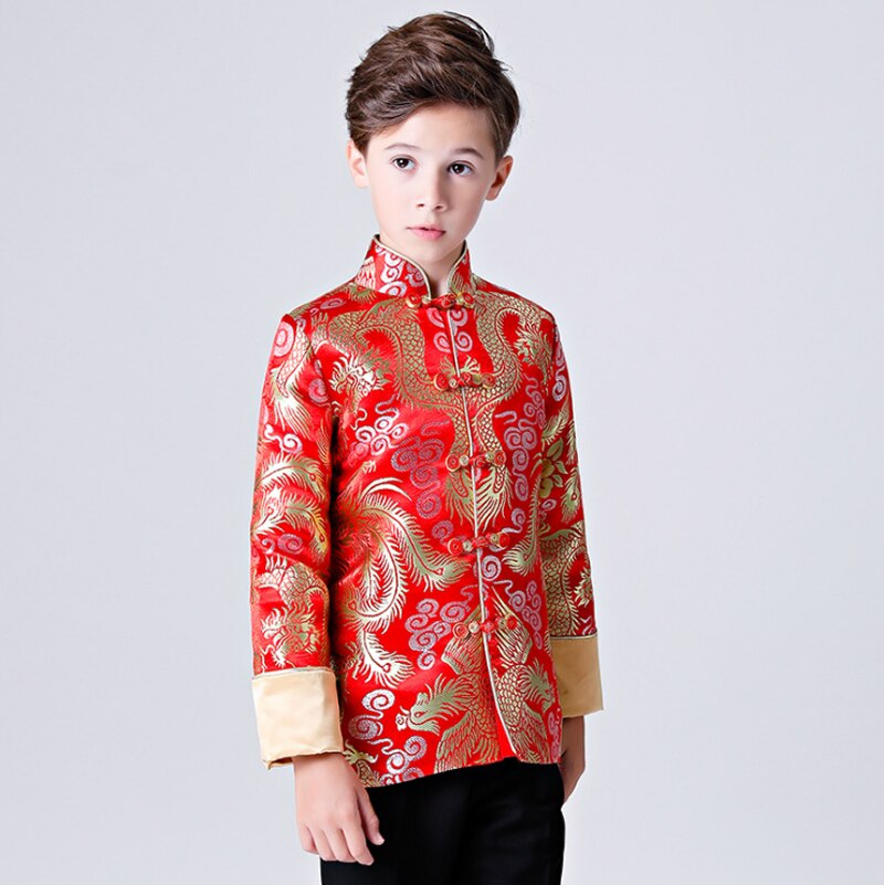 Children's Tang Red Satin Cheongsam Top Chinese Dress Boy Qipao Top Year'S Clothing Host Performance Costume Winter
