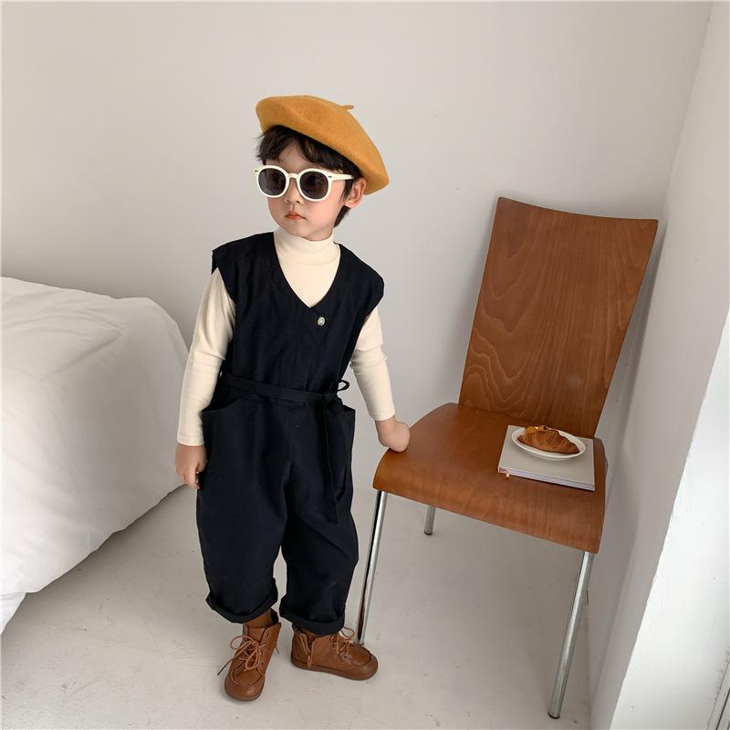 Herfst Koreaanse Stijl Katoen Pure Kleur Losse Mouwloze Jarretel Lange Broek Voor Mode Schattige Baby Meisjes En Jongens: Black / 3T