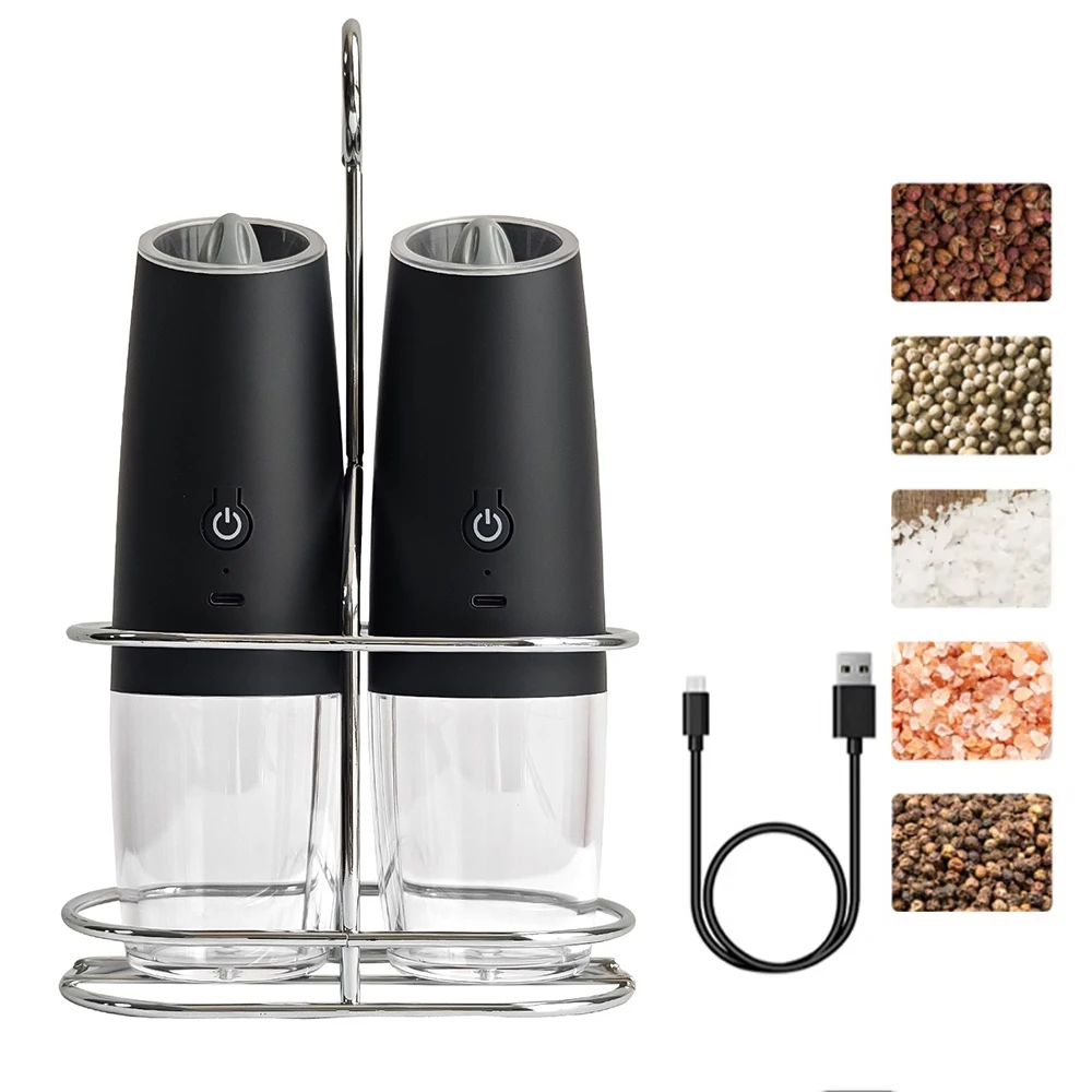 1/2Pcs Electric Pepper Grinder Salt And Pepper Grinder USB Rechargeable Adjustable Coarseness Spice Mill LED Light And bracket: light green