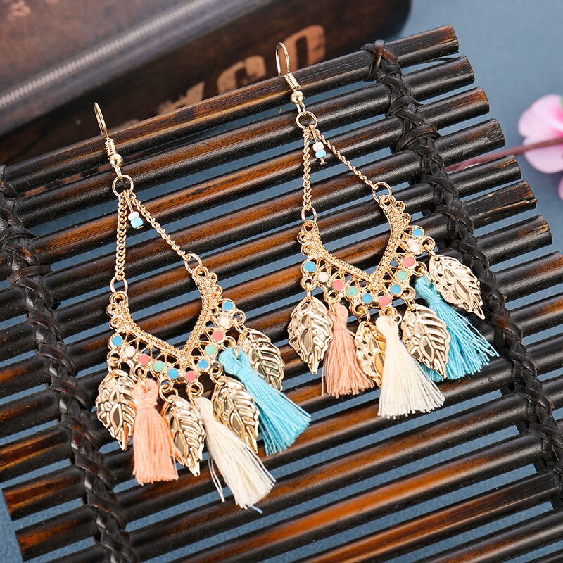 Women Earrings Trend Bohemian Gold Color Alloy Leaf Tassel Dangle Earrings Korean Jewelry